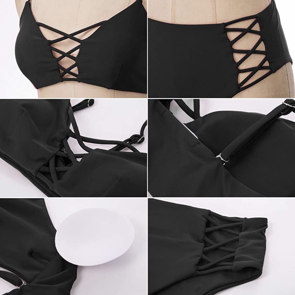 Black Sexy Lace Up High Rise Bikini Swimsuit Swim - Picture 6 of 7